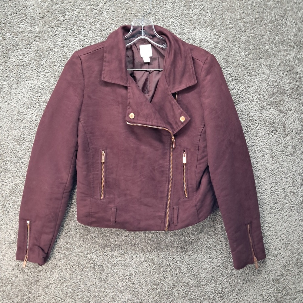 LC Lauren Conrad Runway Burgundy Faux Suede Moto Jacket Rose Gold Hardware 2